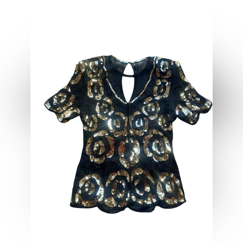 Vintage Black Gold Silk Sequins Evening Top Size Medium Glam Great Gatsby